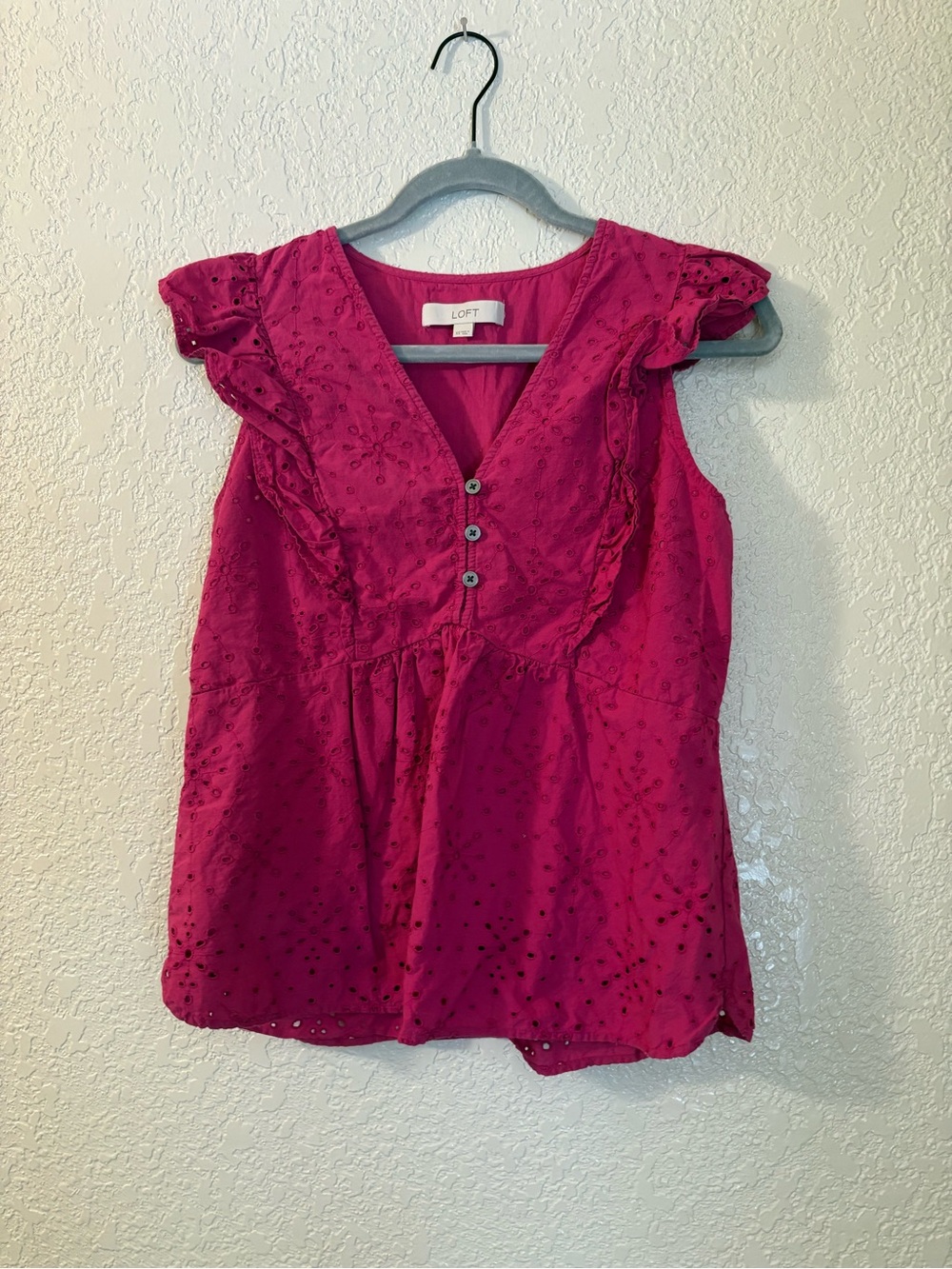 LOFT Pink Eyelet Ruffle V-Neck Sleeveless Top XS